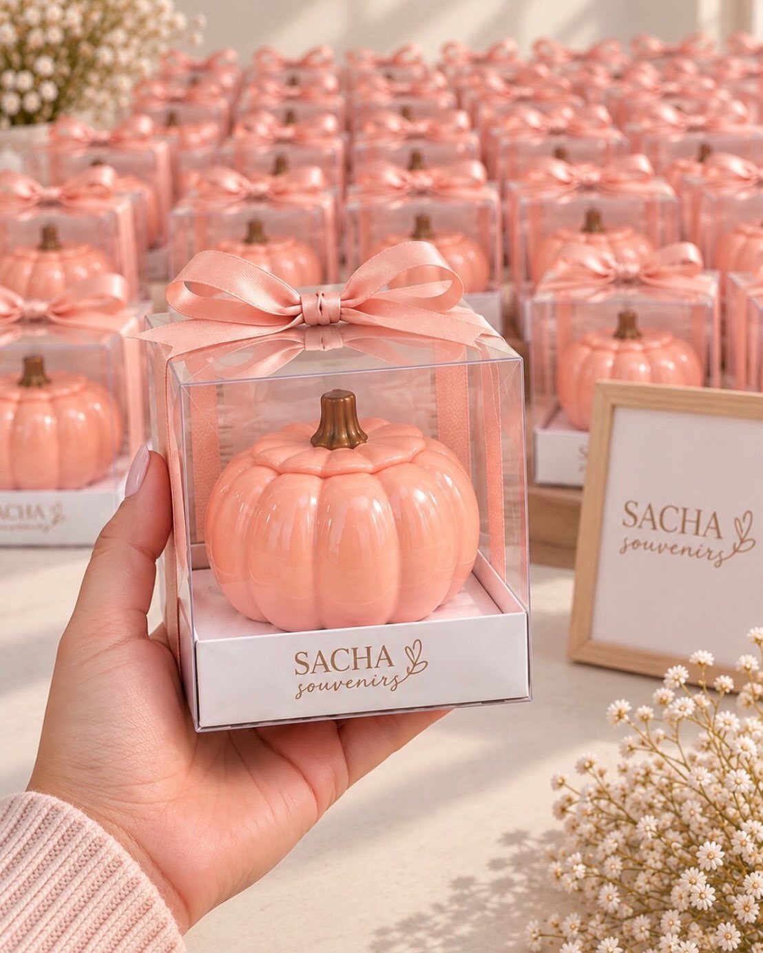 Peach pumpkin candles in clear gift boxes with pink bows as wedding favors.
