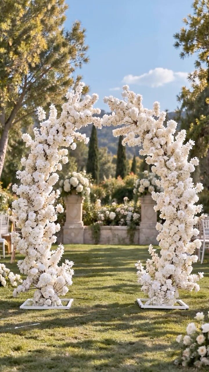 White floral arch standing on a green lawn with trees in the background
