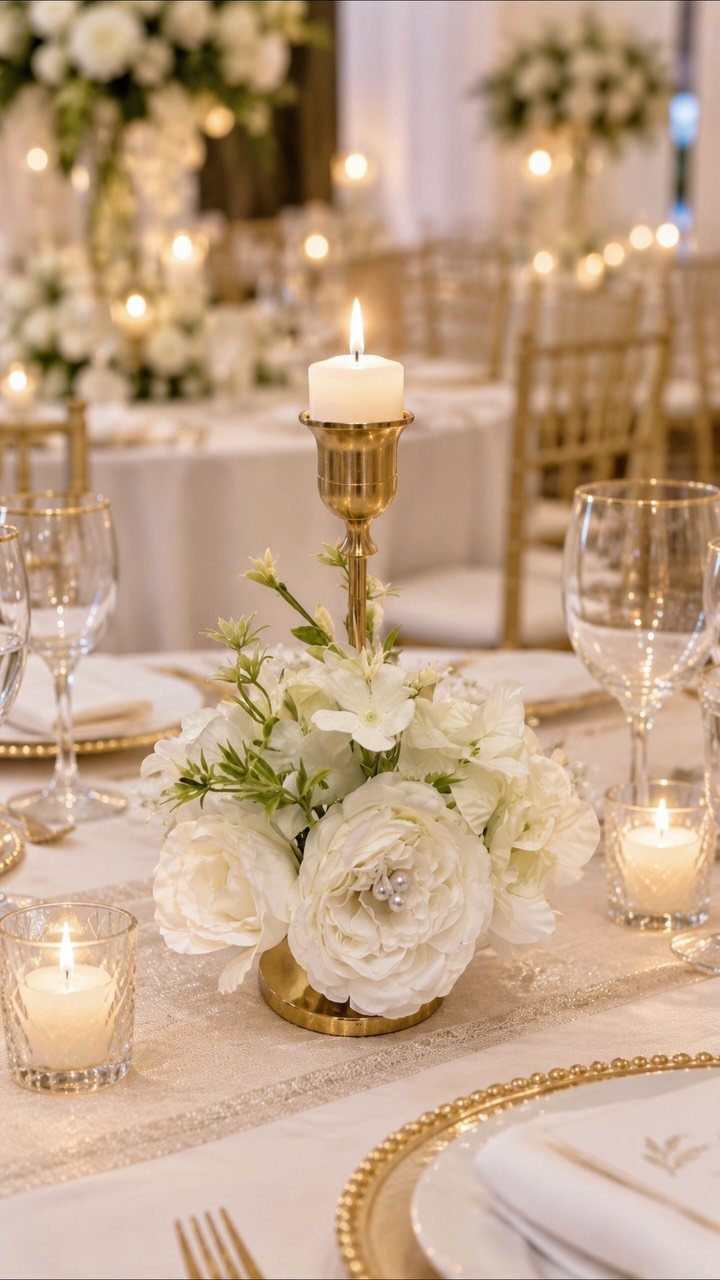 White floral centerpiece with a gold candle holder on a wedding reception table.