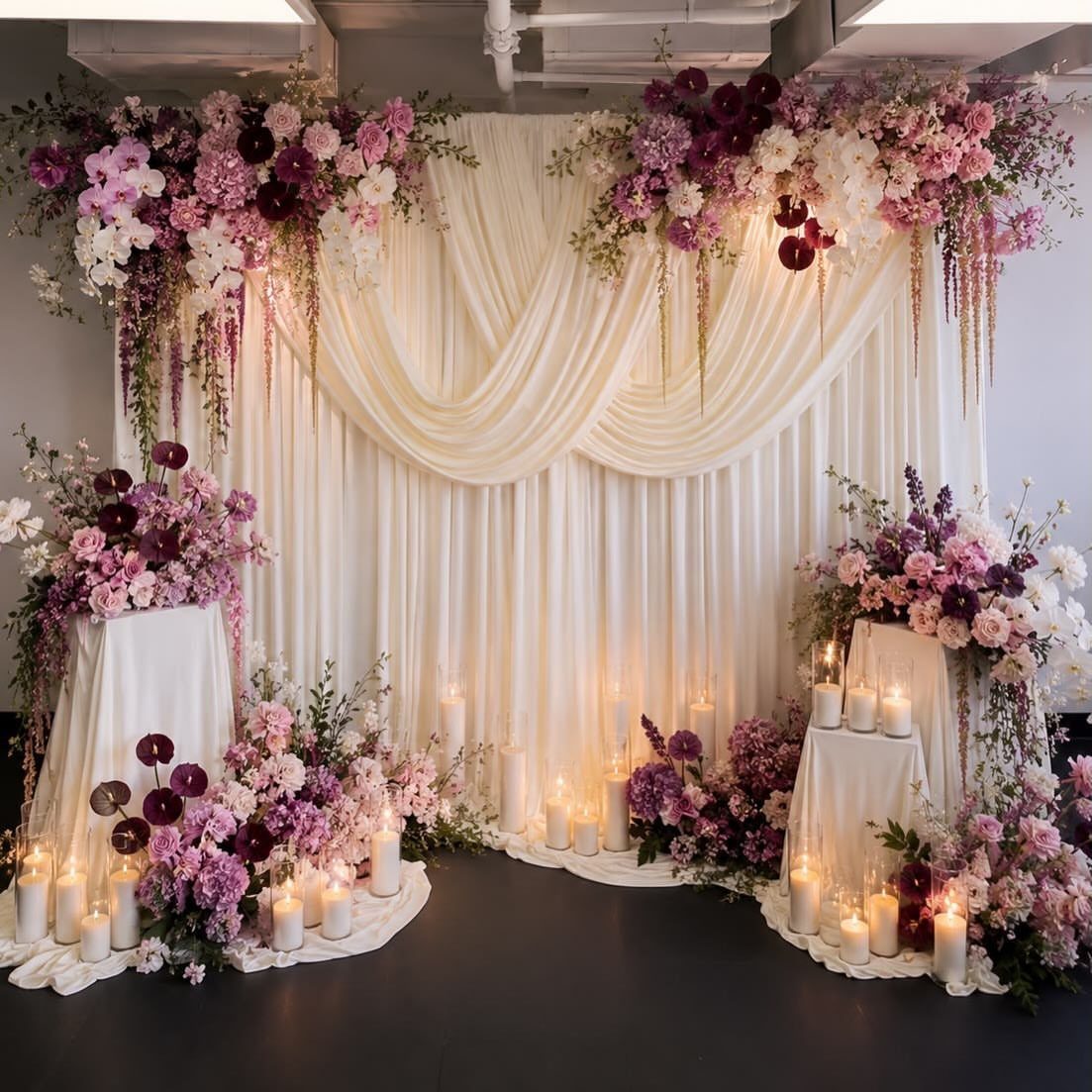 Cream draped fabric backdrop with pink and purple floral arrangements and white candles.