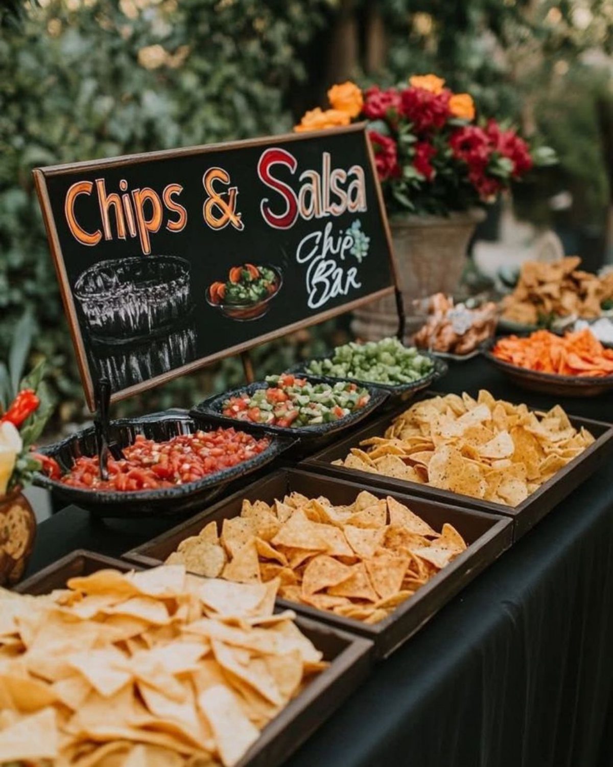 Chips and salsa bar with various salsas, tortilla chips, and a chalkboard sign.