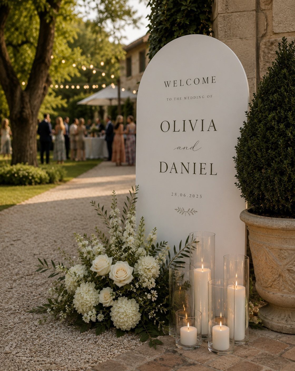 White arched wedding welcome sign with white floral arrangement and pillar candles.