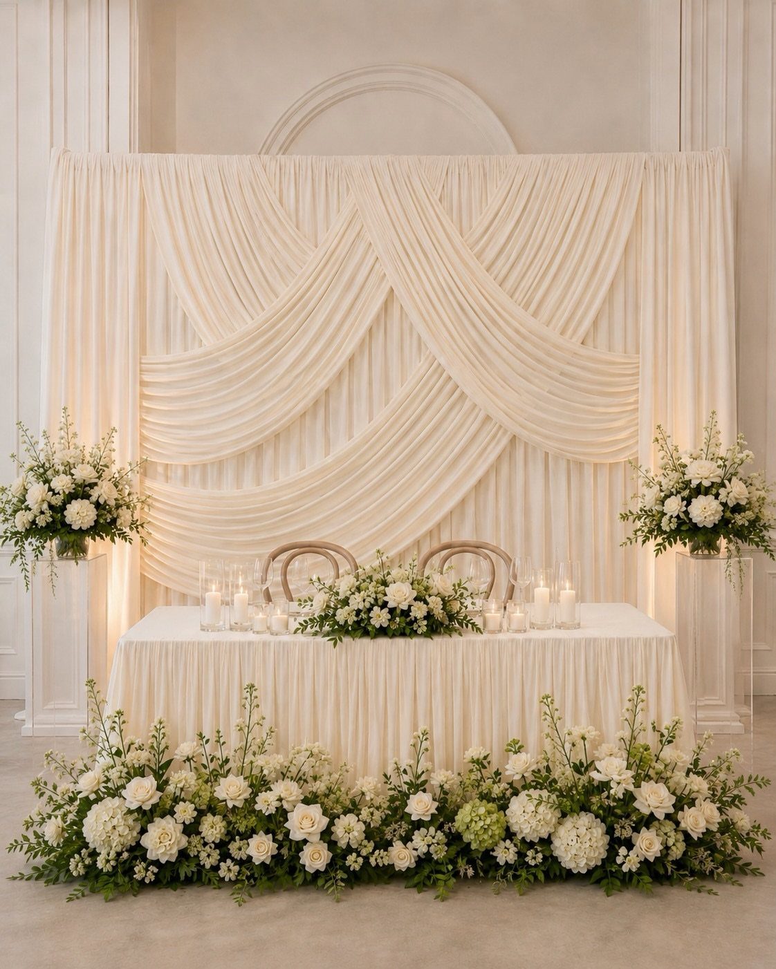 Small white wedding sweetheart table with floral arrangements and a draped fabric backdrop.