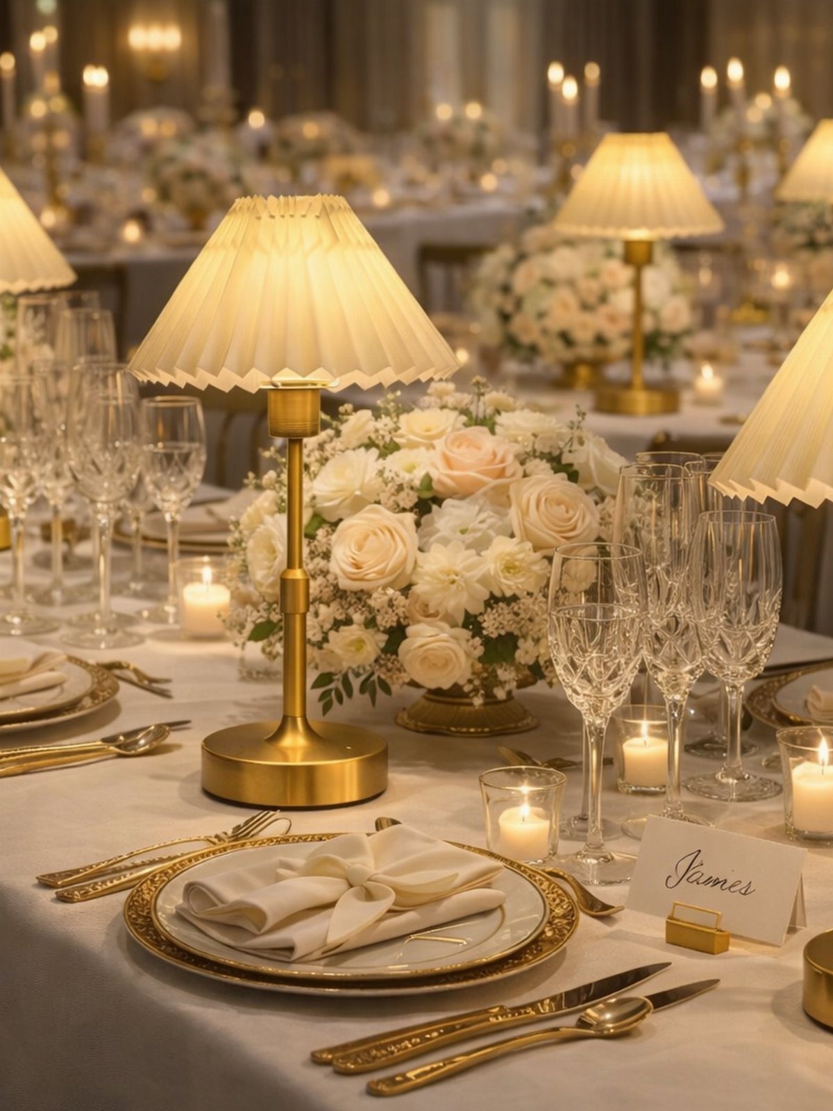 Wedding table setting with white roses, gold accents, and warm glowing lamps.