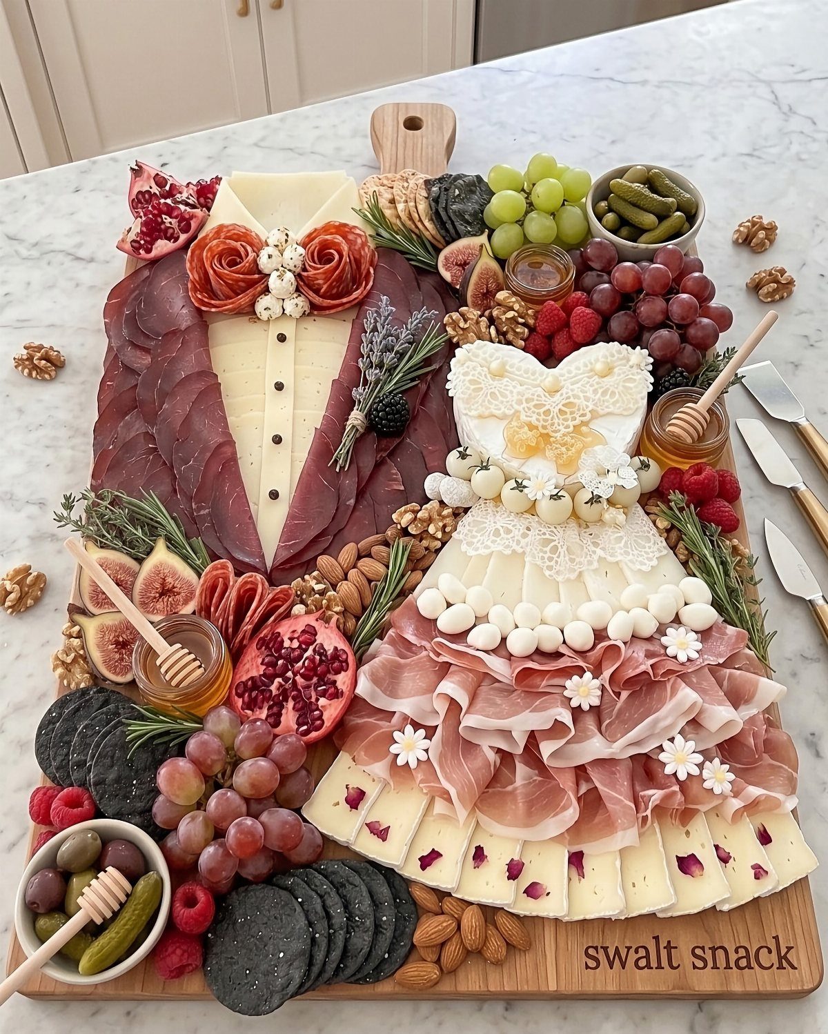 Charcuterie board arranged as a bride and groom using meats, cheeses, and fruits.