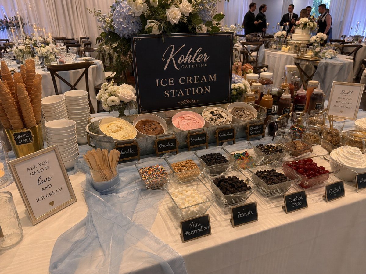 Ice cream station with various flavors, toppings, and waffle cones on a decorated table.