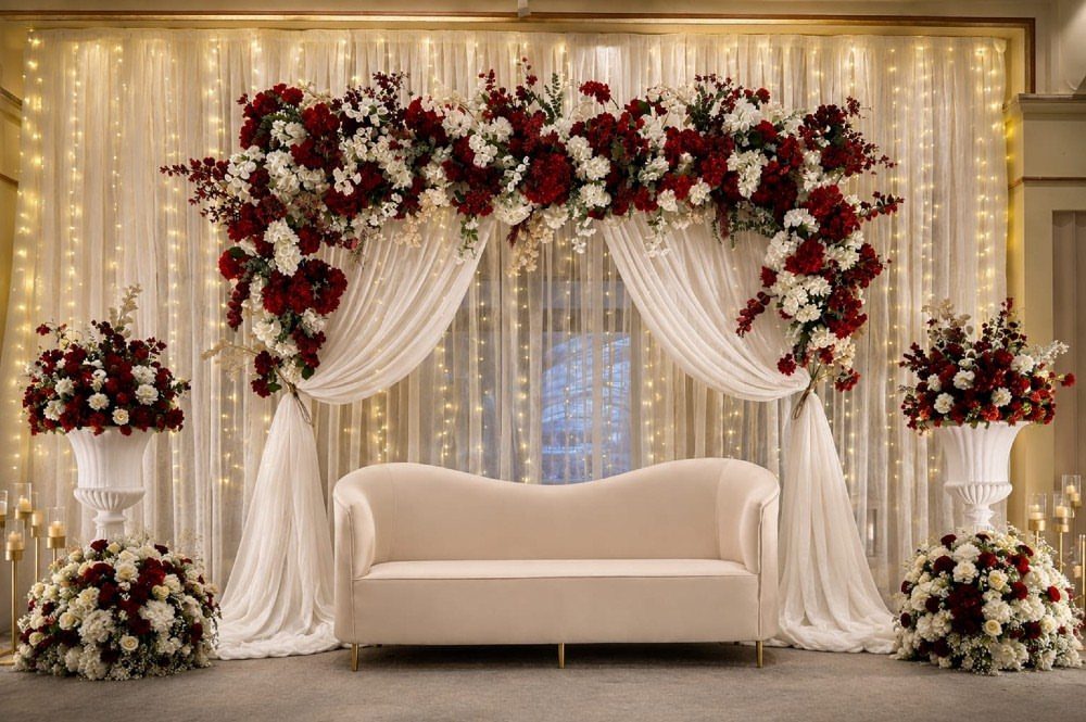 White curved sofa on a wedding stage with white drapery and red flowers