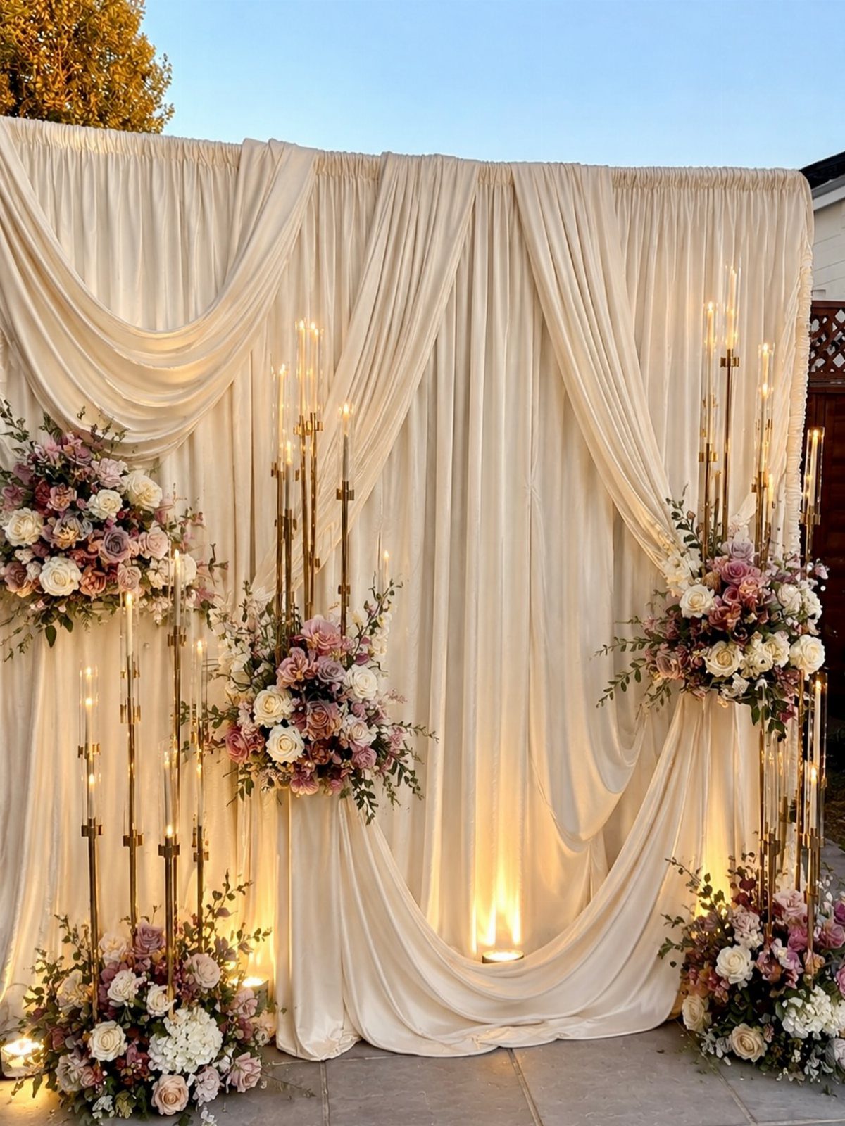 Cream draped backdrop with gold candelabras and pink and white floral arrangements.