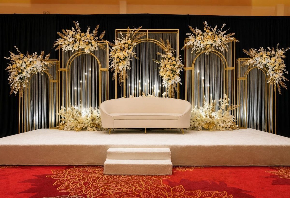 Wedding stage with white sofa, gold striped backdrop, and white floral arrangements.