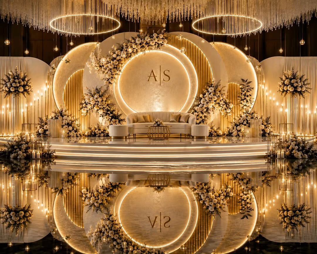 Luxurious wedding stage with golden circular backdrops, white flowers, and a white sofa.