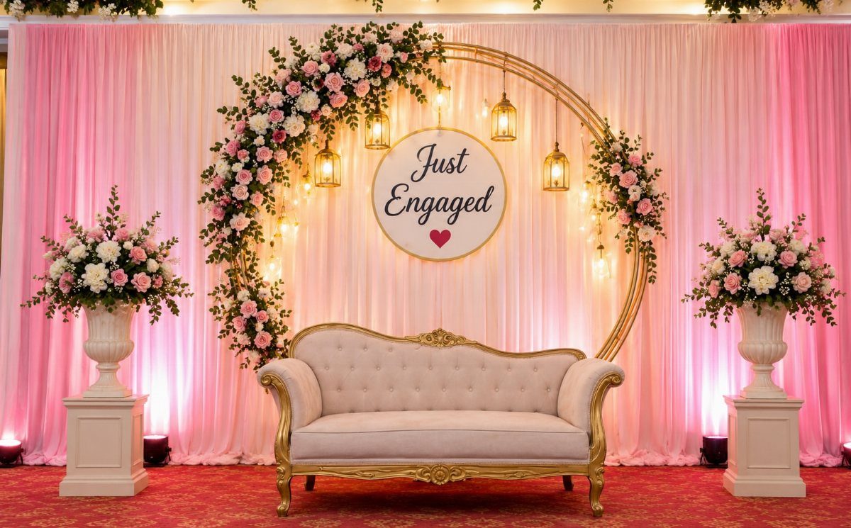 White tufted gold sofa on a stage with pink floral arch and backdrop.