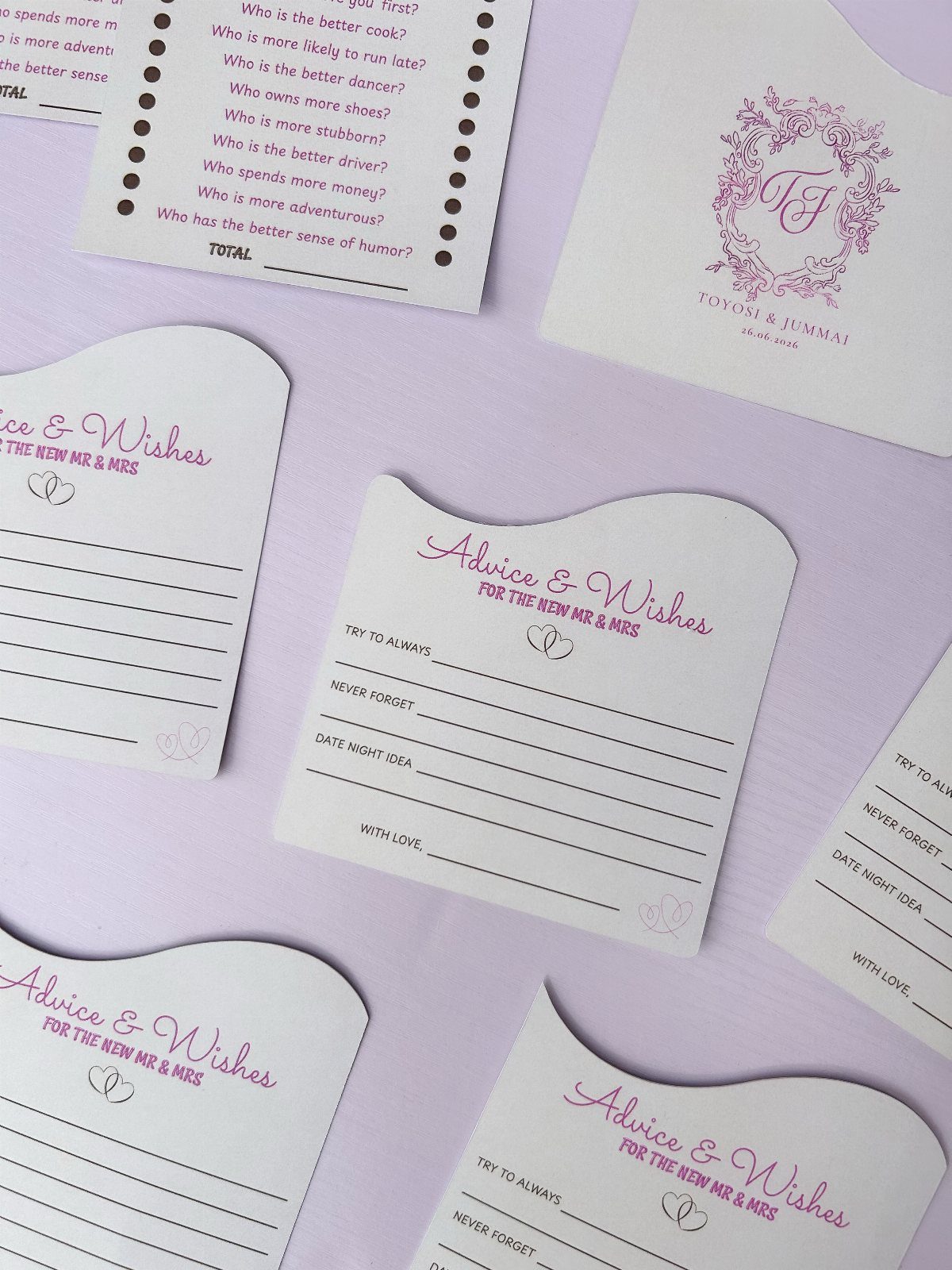 Marriage advice cards with pink lettering and lines for guests to write wishes.
