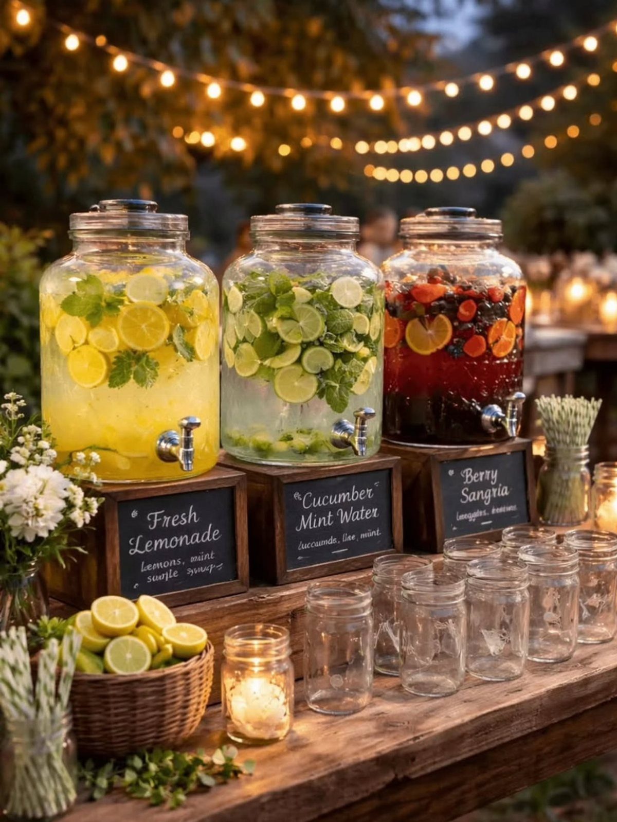 Glass beverage dispensers with colorful drinks and mason jars on a rustic wooden table.