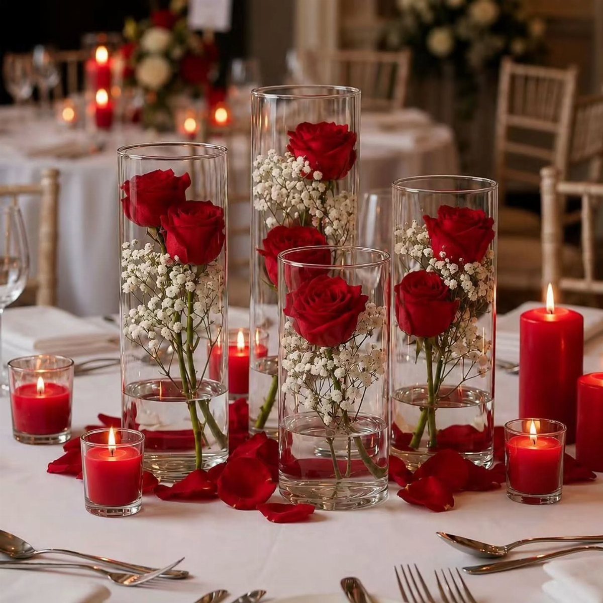 Red roses and baby's breath in glass vases with red candles on white tablecloth