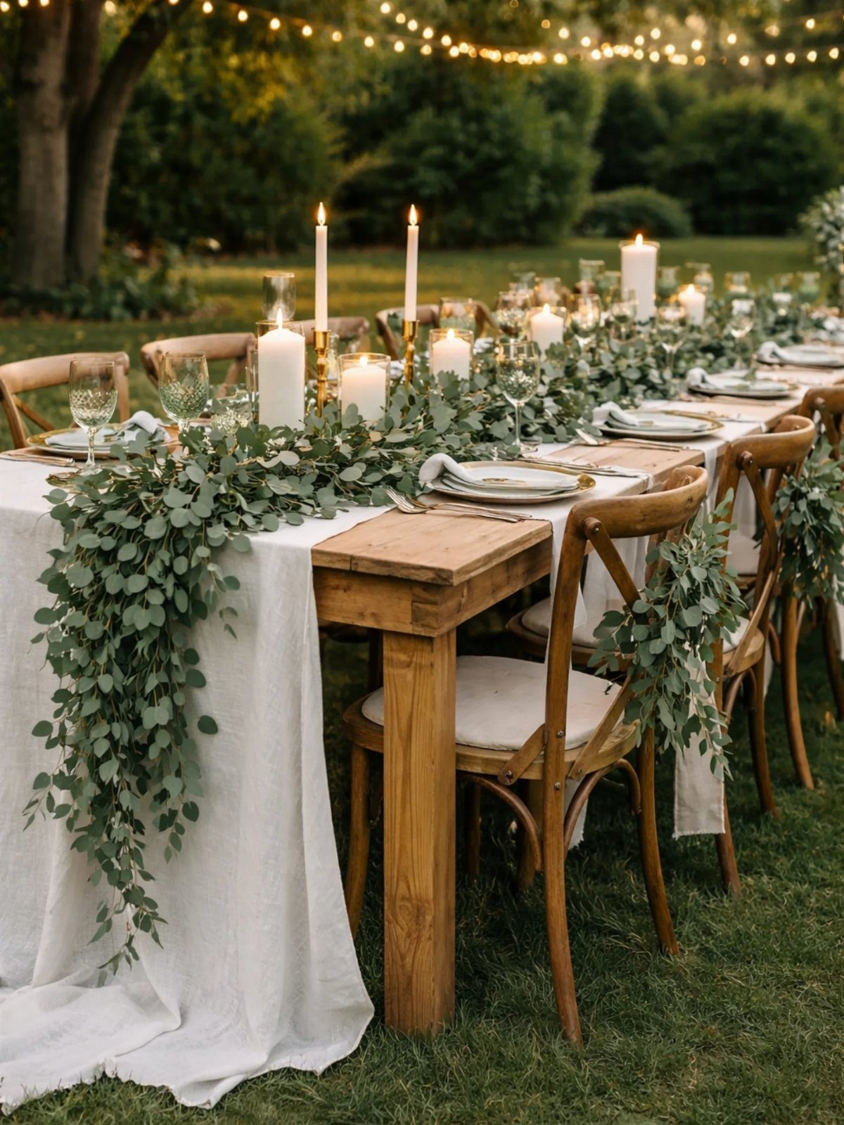 Green eucalyptus garland running down a white linen wedding table with white candles.