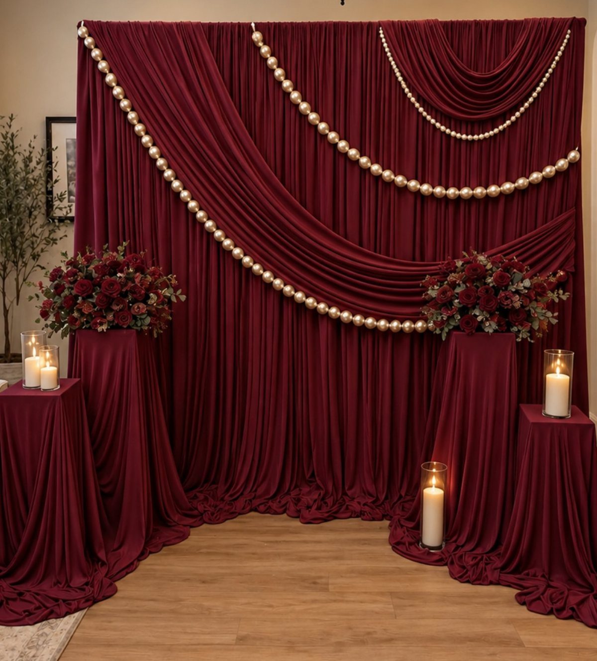 Deep red draped fabric backdrop with pearl accents, red flowers, and lit candles.