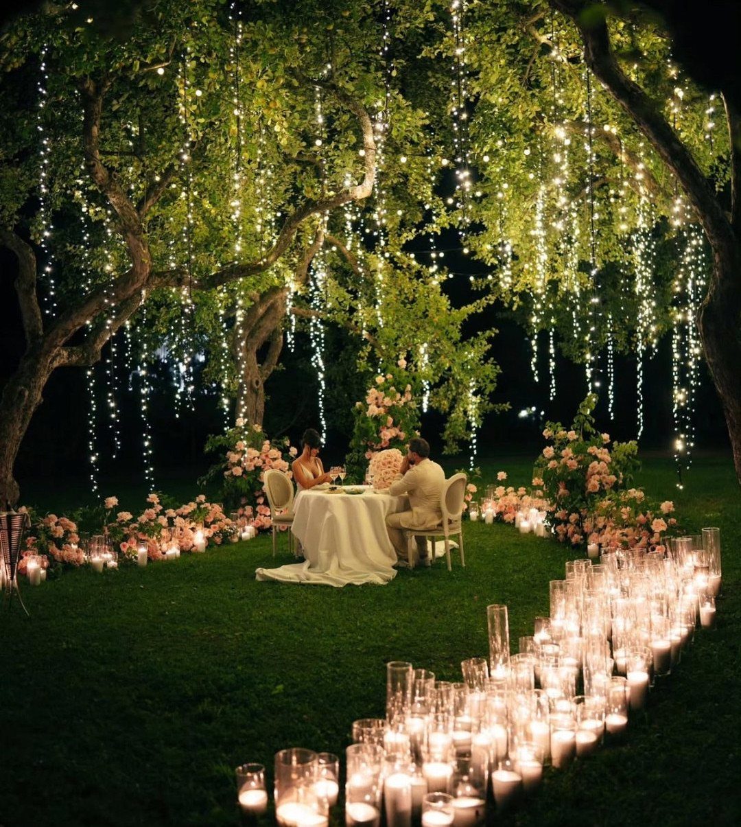Couple dining under a tree with hanging fairy lights and glowing candles on grass