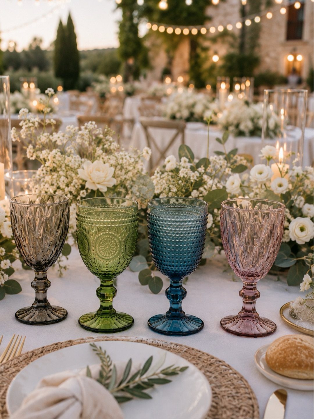 Four colorful textured glass goblets on a wedding table with white flowers.