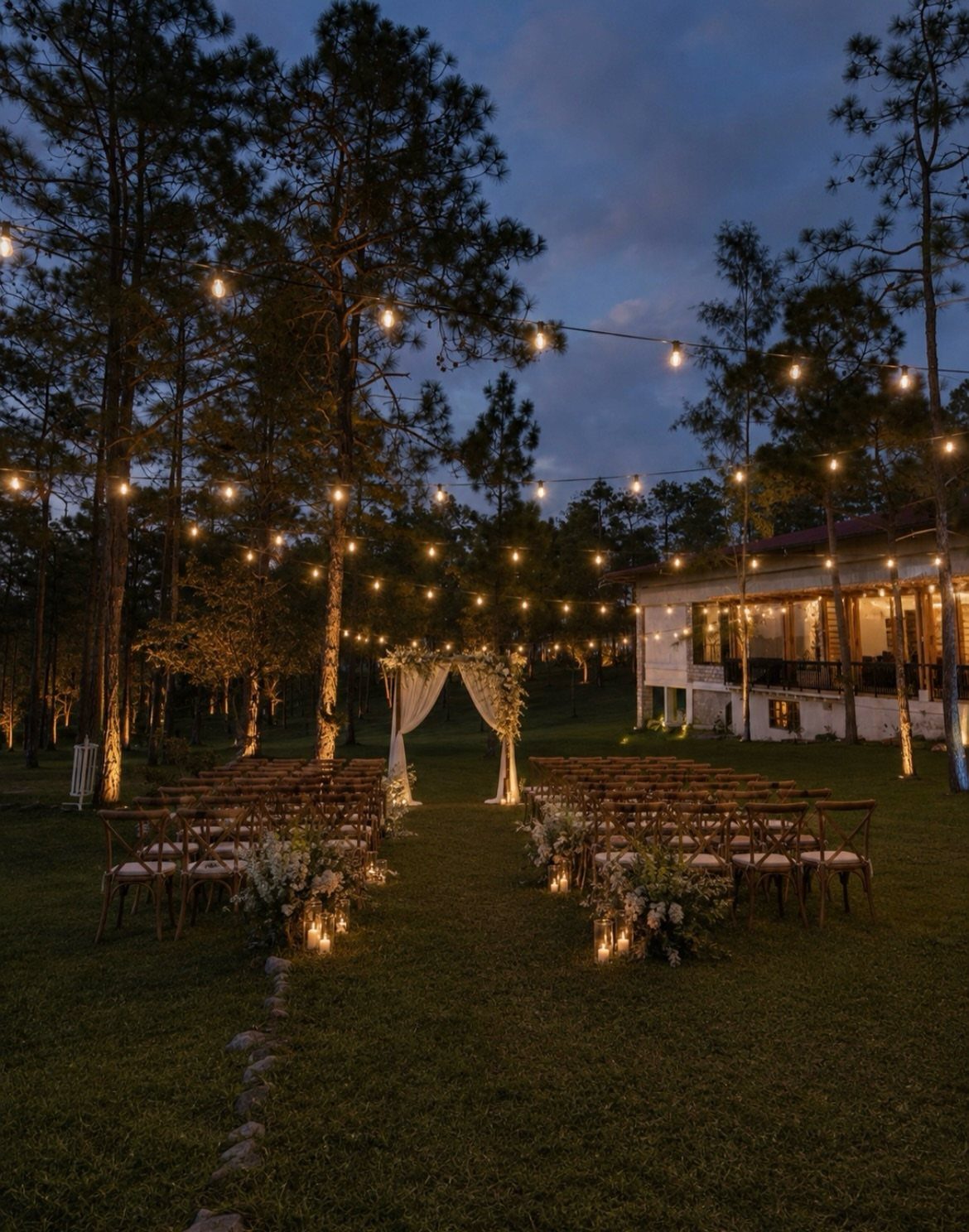 Outdoor wedding ceremony setup with wooden chairs and warm string lights under pine trees