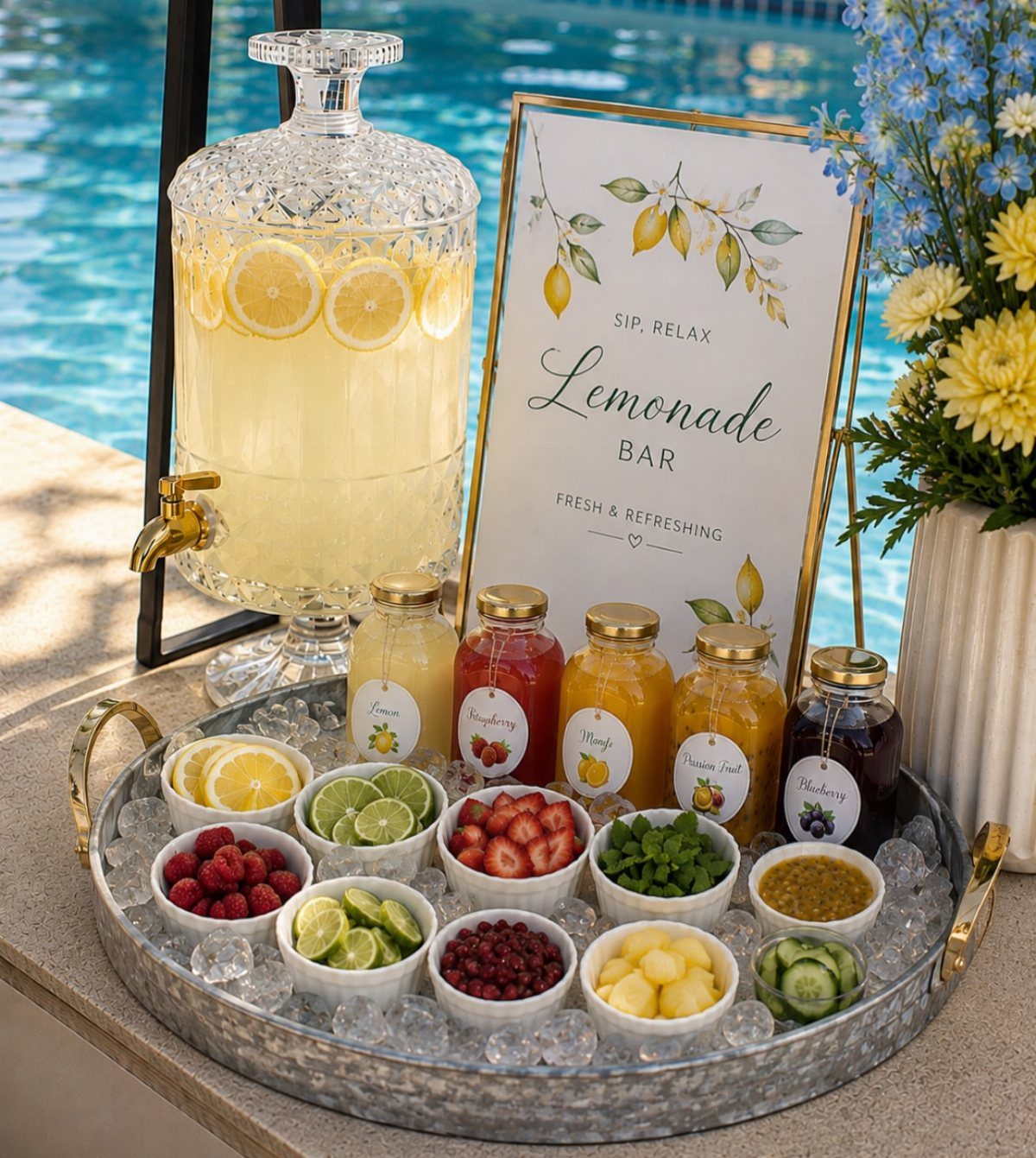 Lemonade bar with a glass dispenser, fruit juices, and fresh berries on ice.