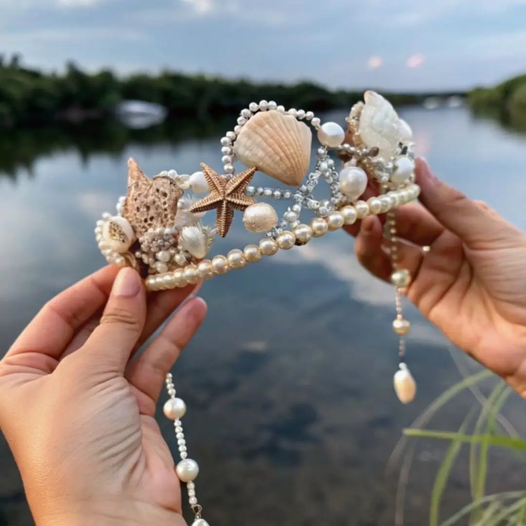 Seashell crown with pearls and a starfish held over a river background.
