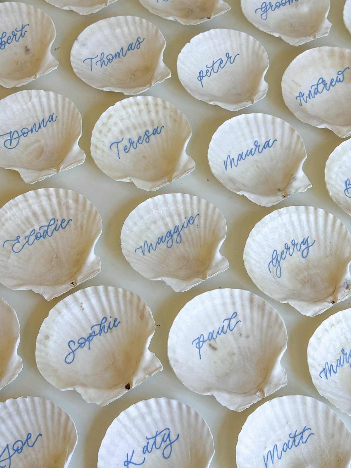 White scallop seashells with guest names written in blue calligraphy as place cards.
