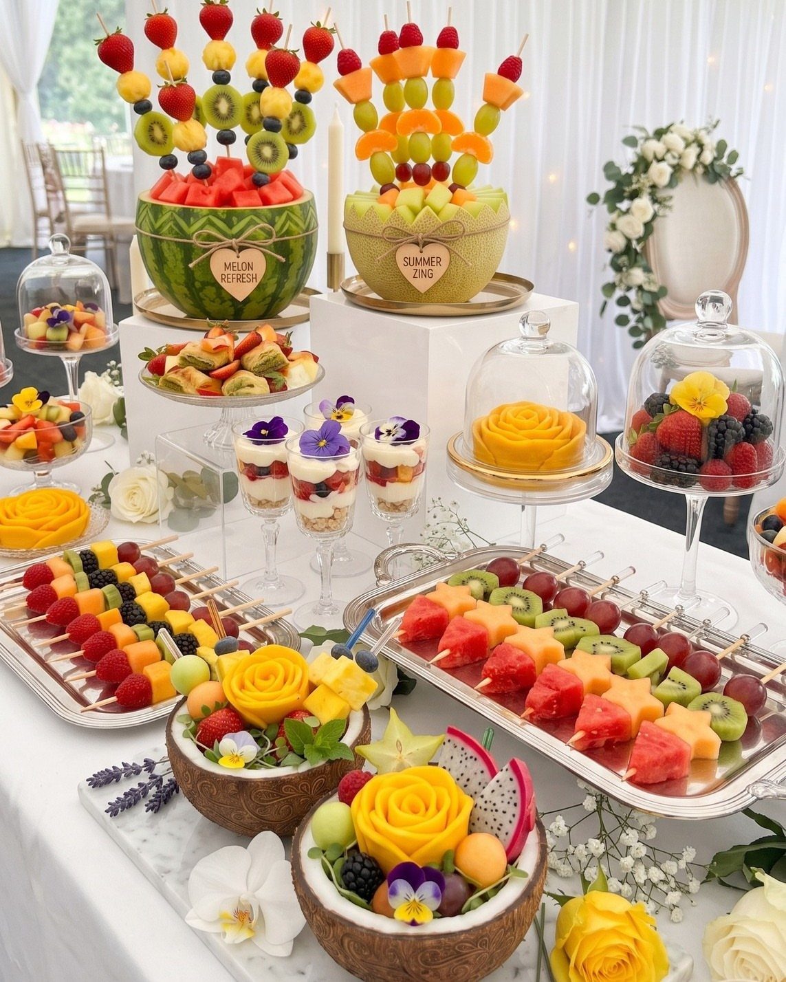 Fruit centerpieces in carved watermelons and coconut shells on a white wedding table.