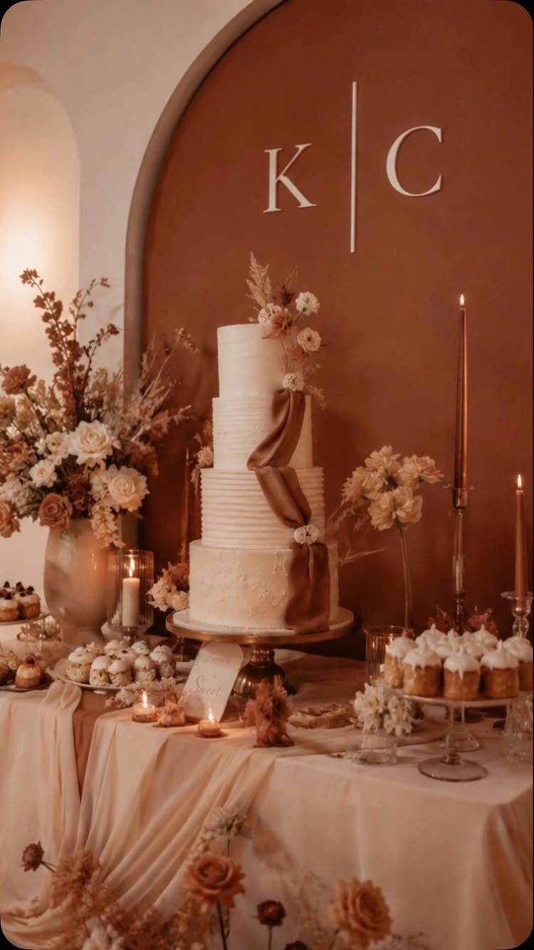 Dessert table with white cake and cupcakes against a terracotta arched backdrop.