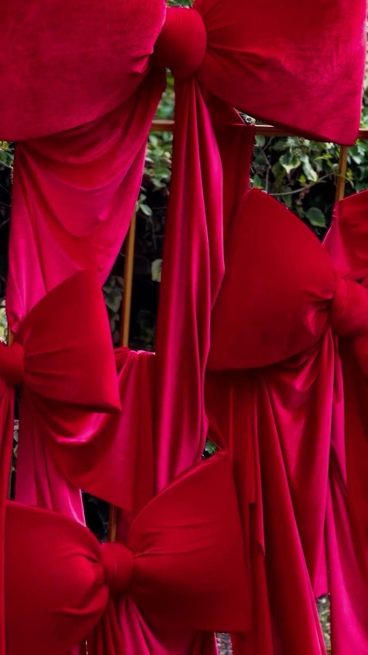 Red velvet bows and draped fabric on a gold frame with green foliage.