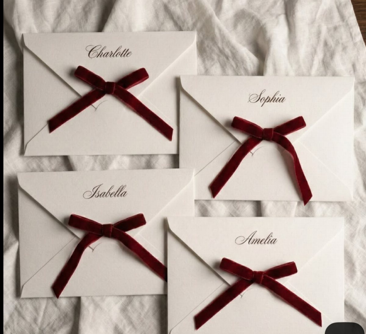 White envelopes tied with red velvet bows and cursive names on white fabric