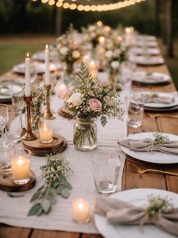Wooden wedding table set with floral centerpieces, white candles, and outdoor string lights.