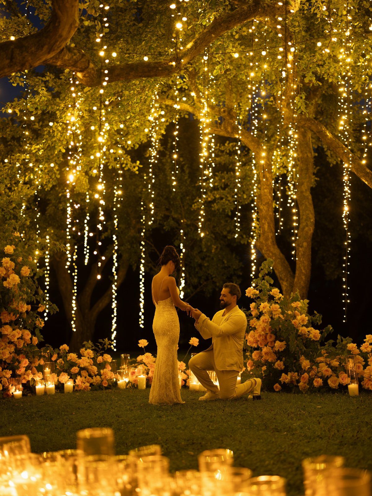 Couple under a tree draped with vertical fairy lights and surrounding yellow flowers.