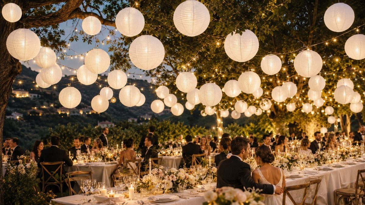 White paper lanterns and string lights hanging over a formal outdoor wedding dinner.