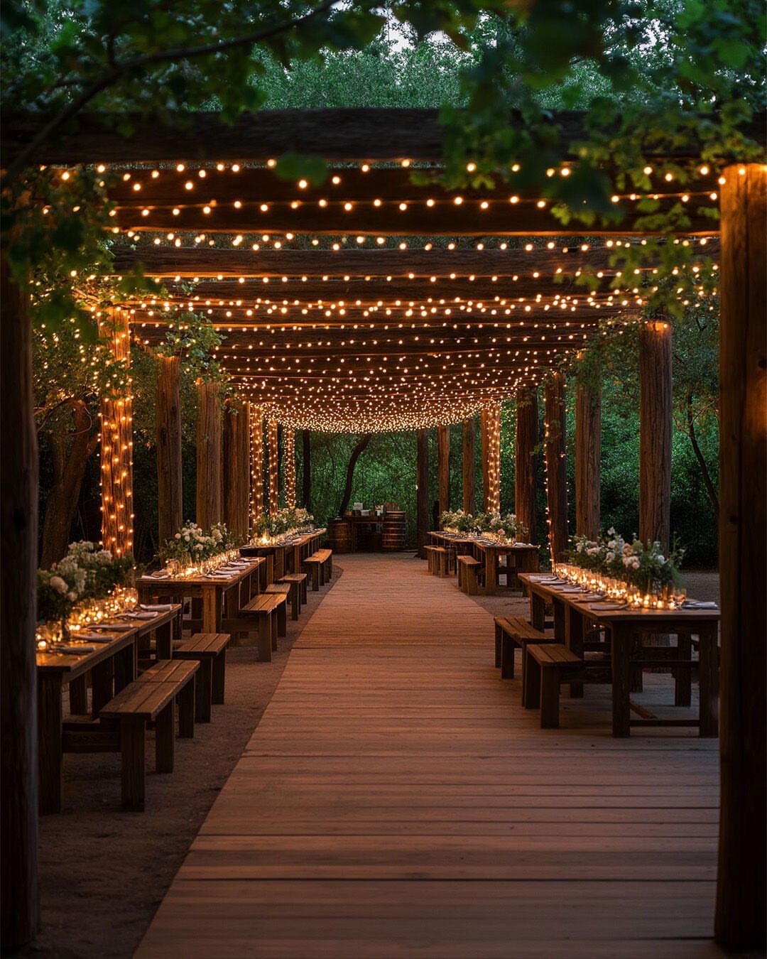 Warm white string lights draped overhead above long wooden dining tables outdoors.