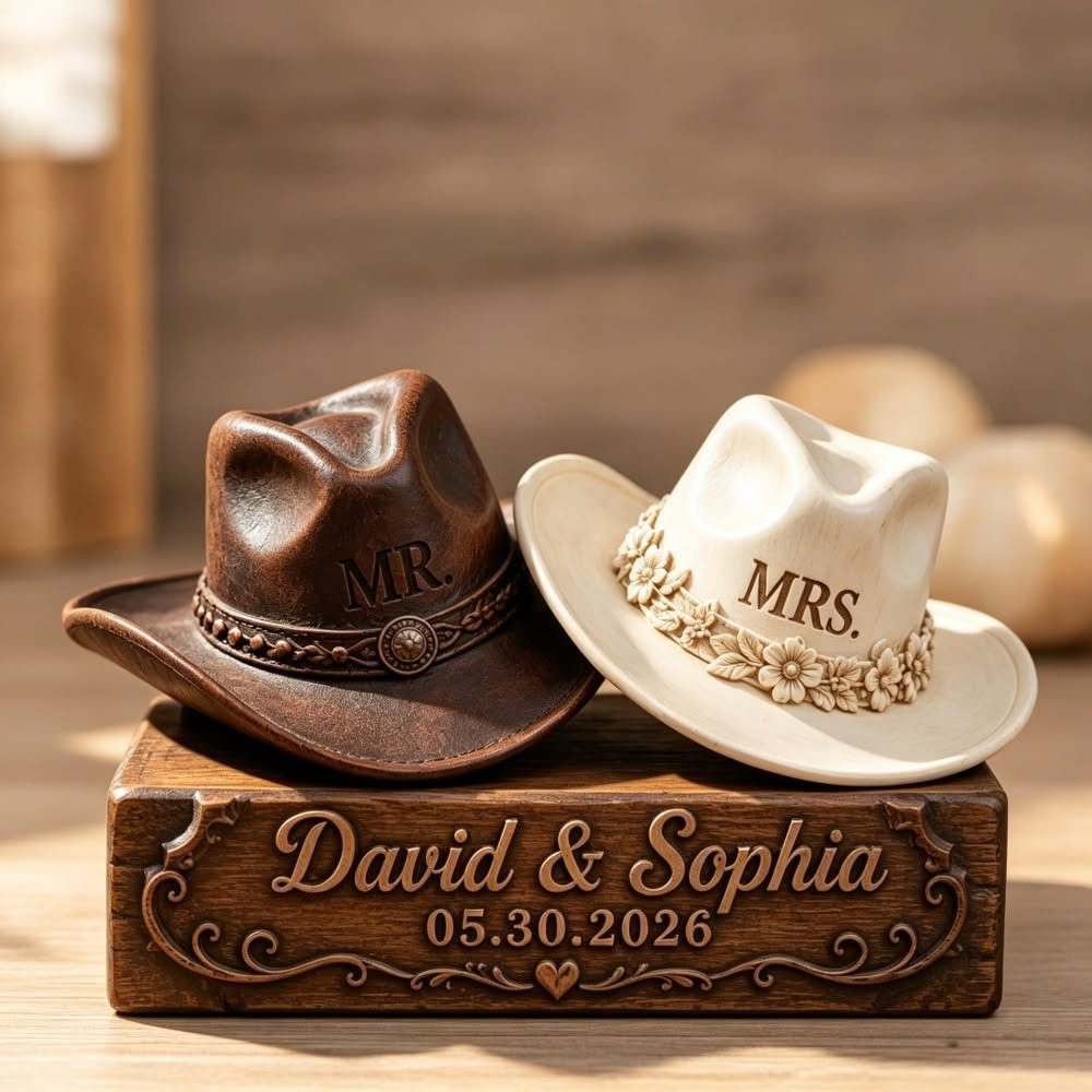 Miniature brown and white cowboy hats on a personalized wooden wedding date block.