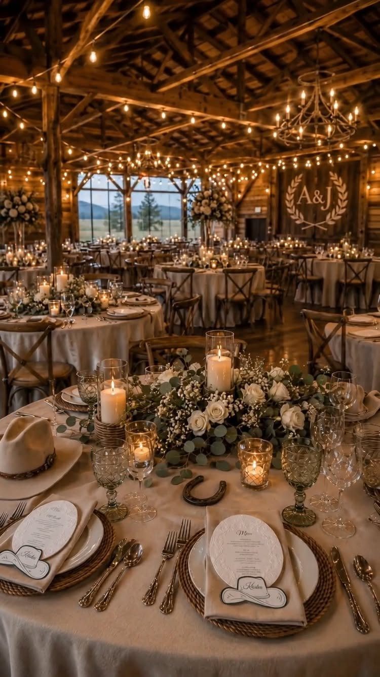 Wedding reception in a wooden barn with rustic table settings and string lights.