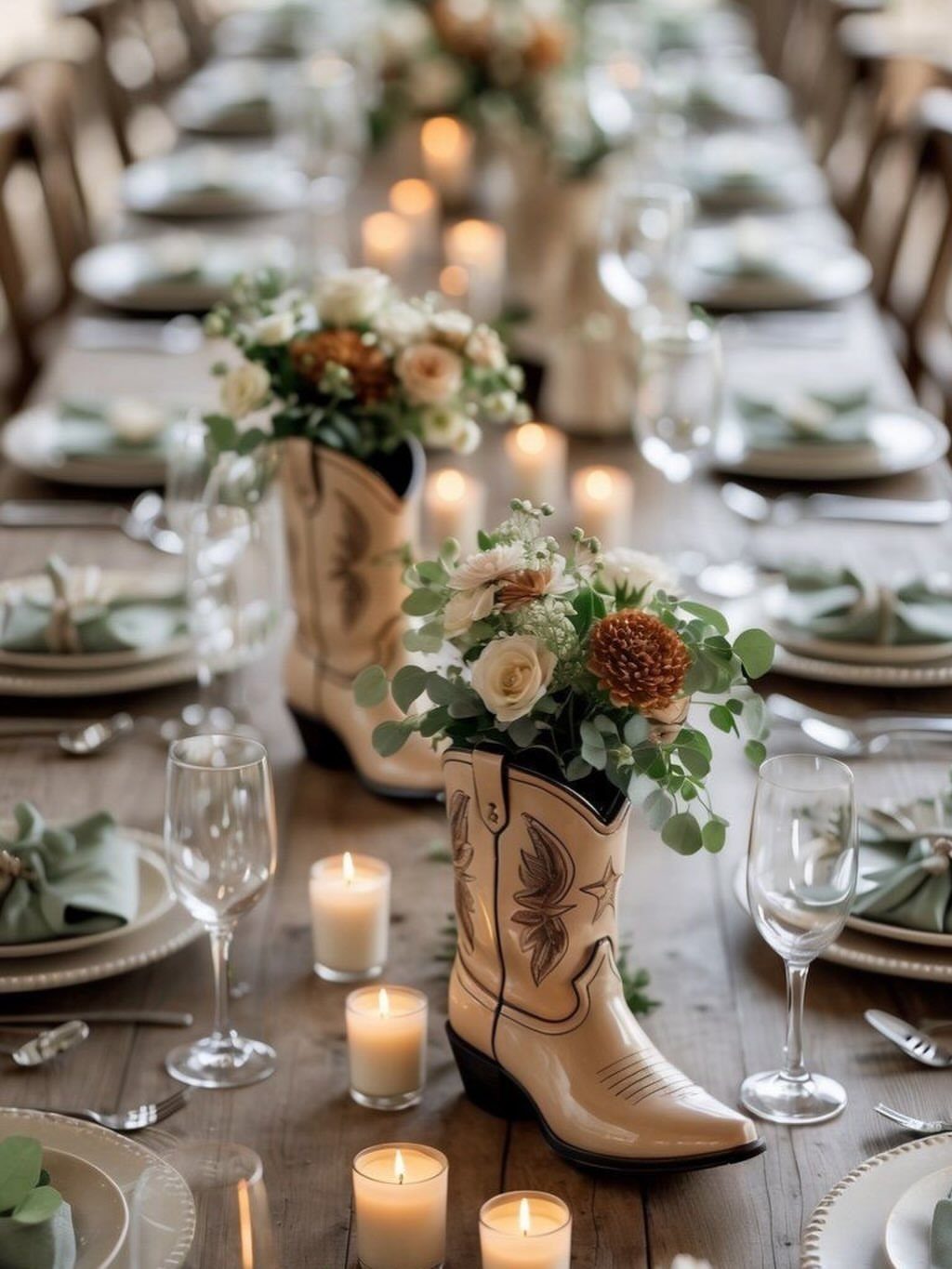 Cream cowboy boots used as floral centerpieces on a rustic wooden wedding table.