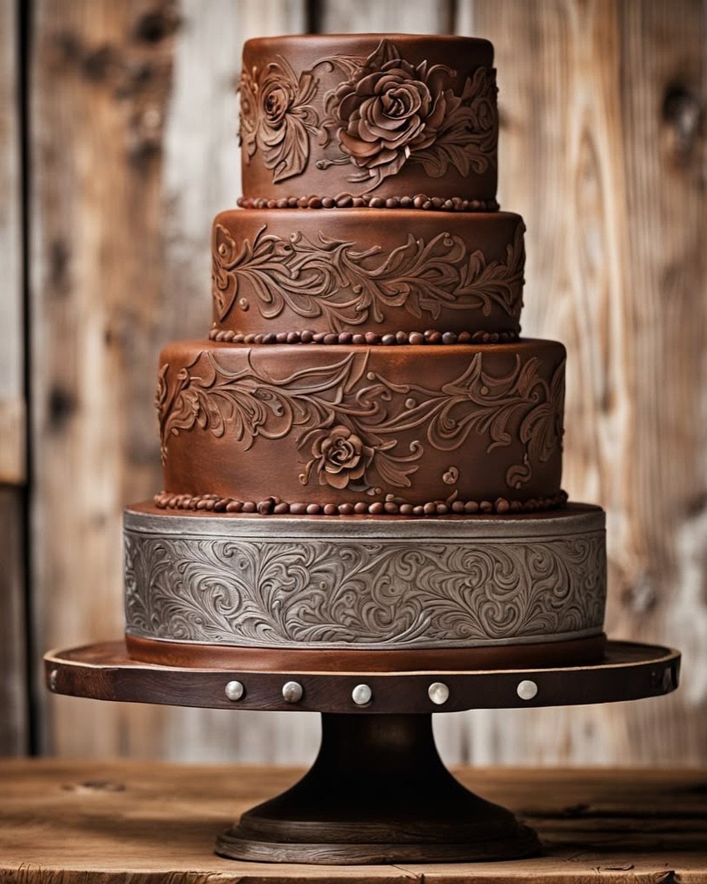 Four-tier chocolate wedding cake with floral carvings and a silver embossed band.