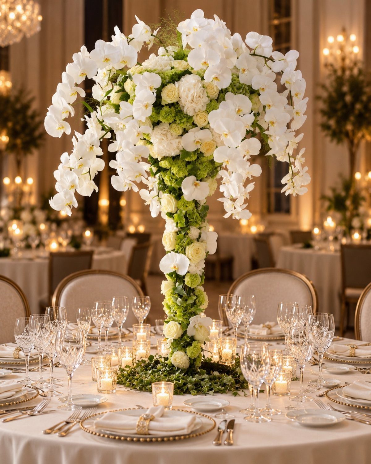Tall white floral centerpiece with cascading Phalaenopsis orchids on a wedding dinner table.