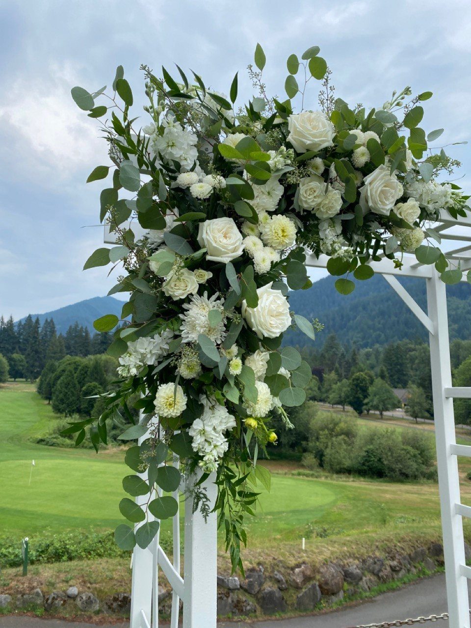 White roses and silver dollar eucalyptus on a white wedding arch outdoors.