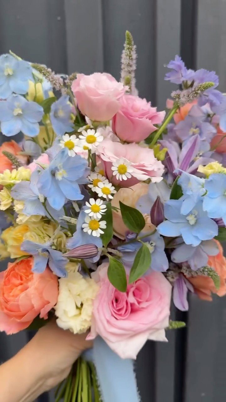 Colorful bridal bouquet with pink roses, blue delphiniums, and white daisies held by hand.