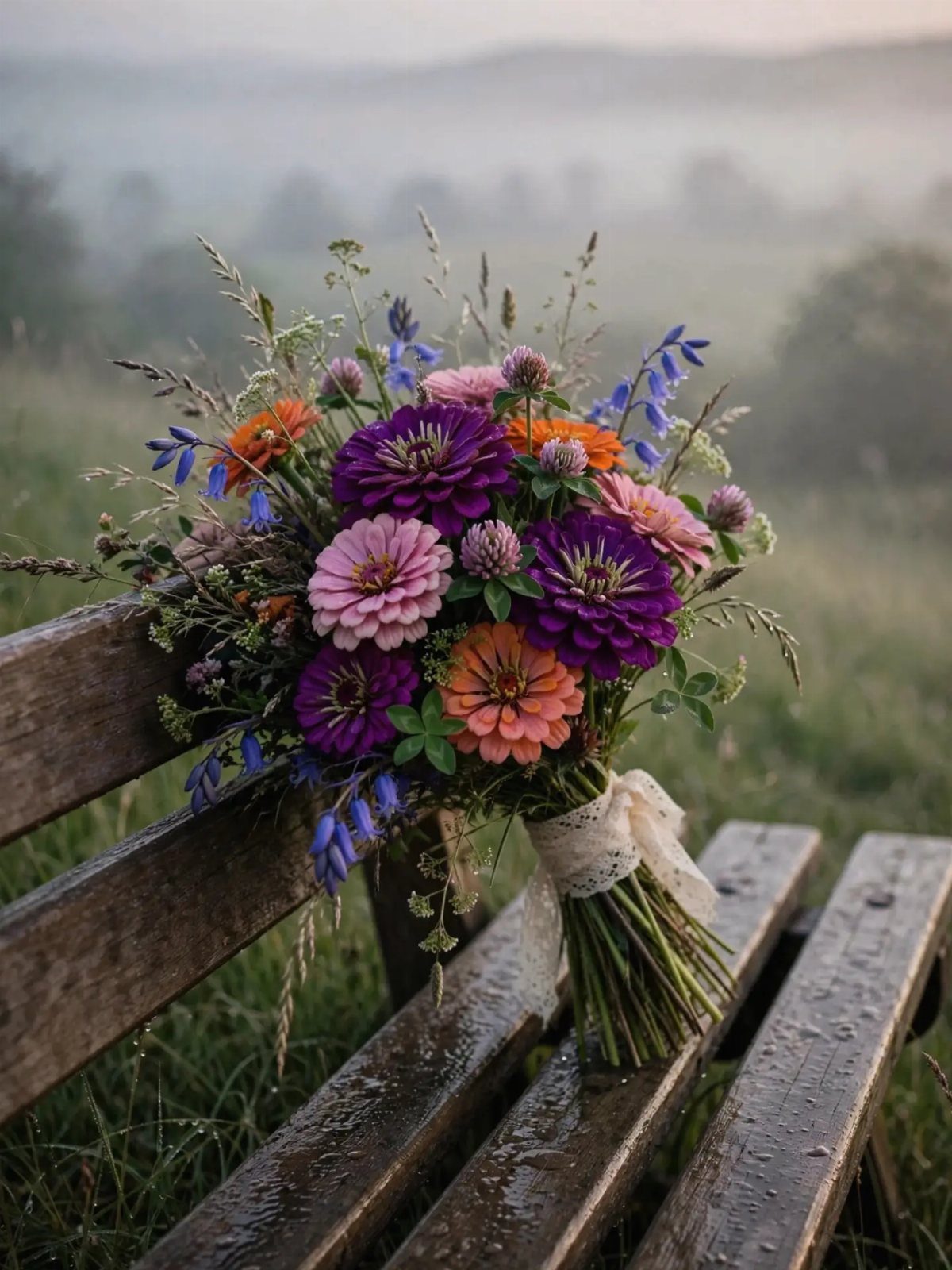 Colorful wildflower bouquet with zinnias resting on a wooden bench in misty field