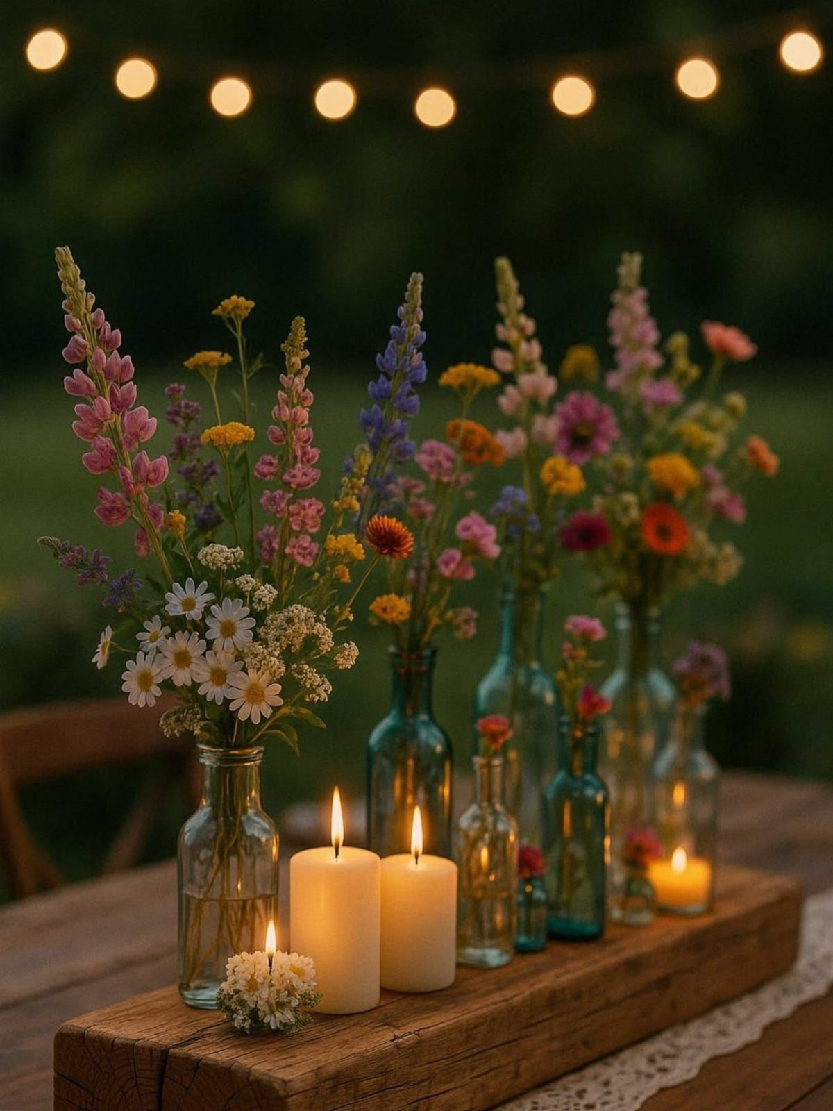 Colorful wildflower vases and lit white candles on a rustic wooden table runner.