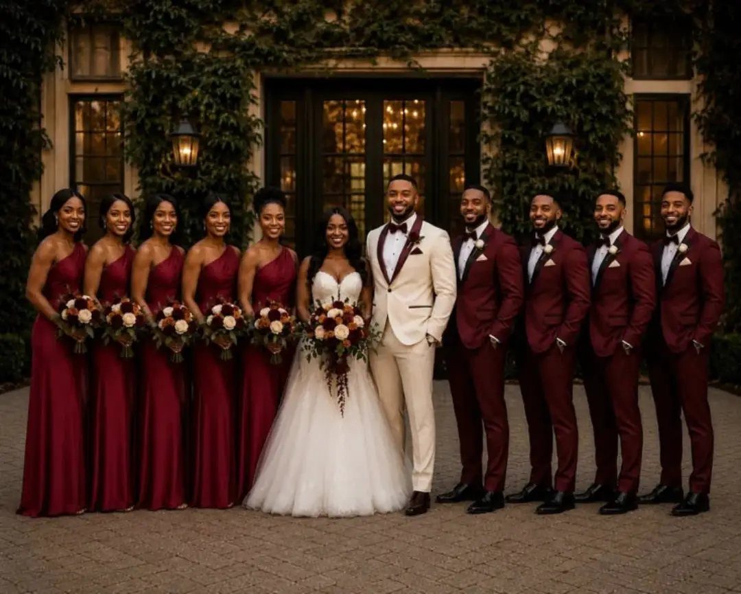 Wedding party with bridesmaids in cranberry dresses and groom in a taupe suit.