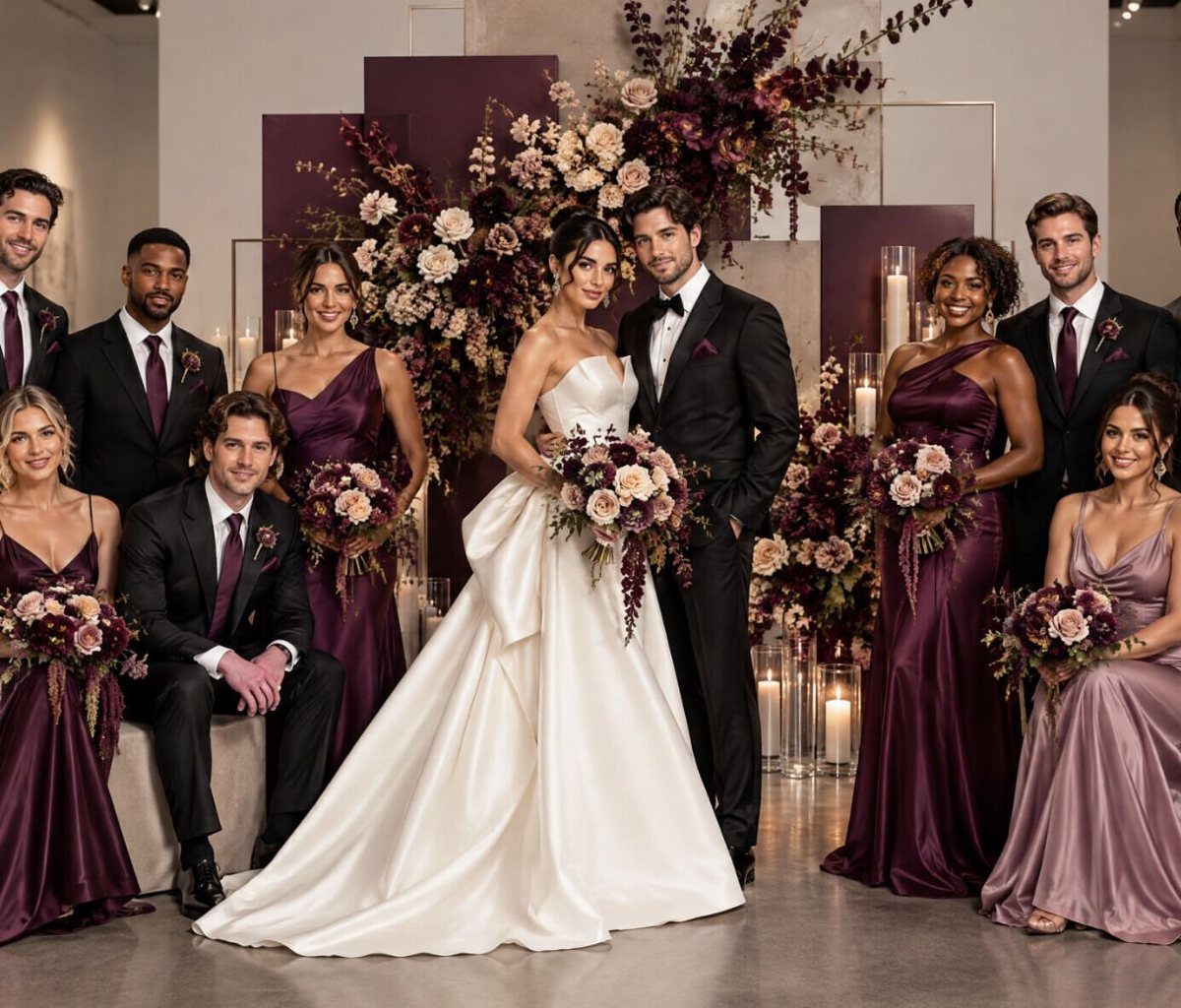 Wedding party with bride in white and bridesmaids in plum and burgundy dresses.