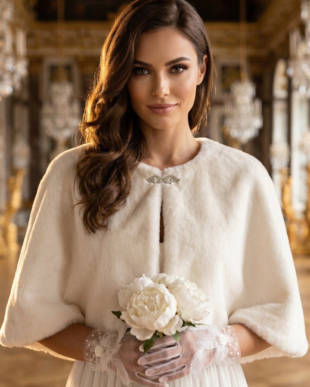 Woman wearing a white faux fur capelet and lace gloves holding white peonies.