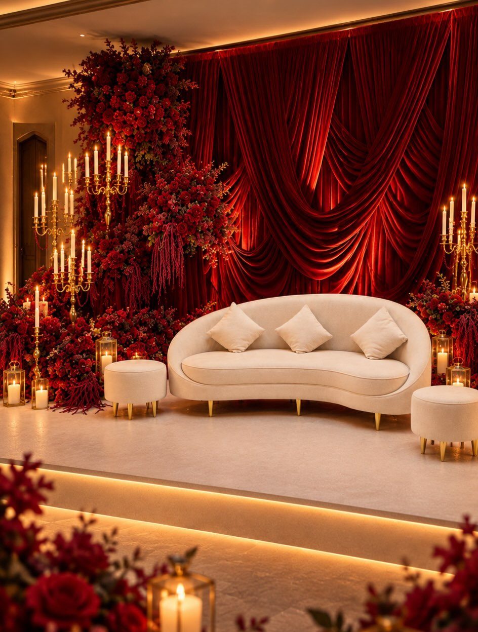 White curved sofa against red velvet curtains with red floral arrangements and gold candelabras.