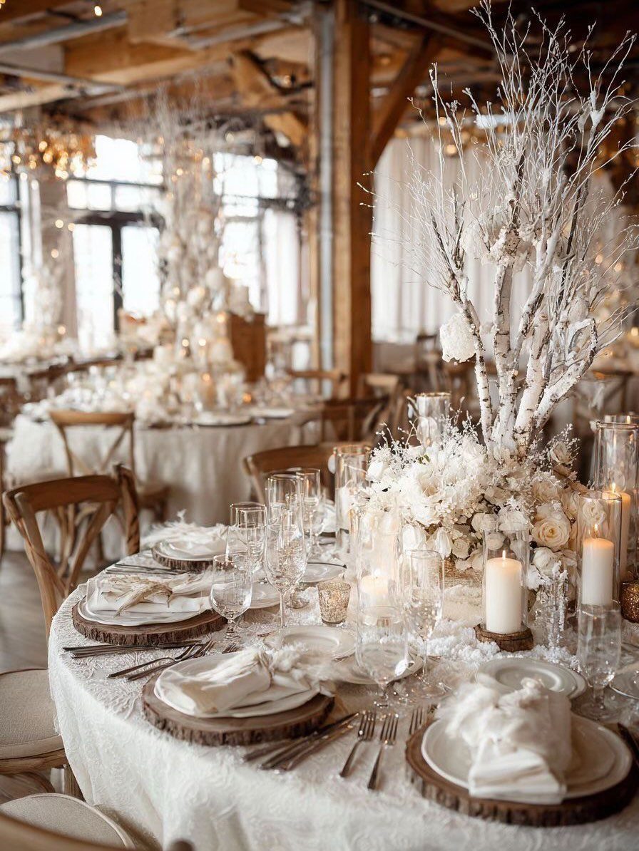 Wedding reception table with white birch branch centerpieces, white flowers, and glowing candles.
