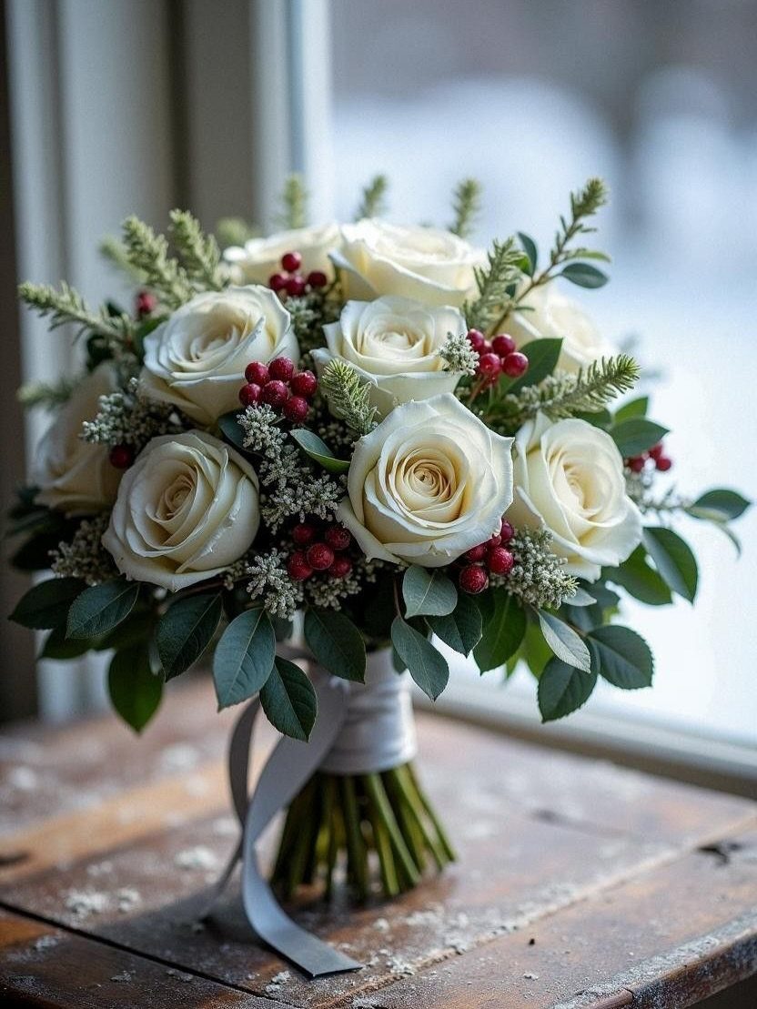 Bridal bouquet with white roses and red berries on a rustic wooden table.