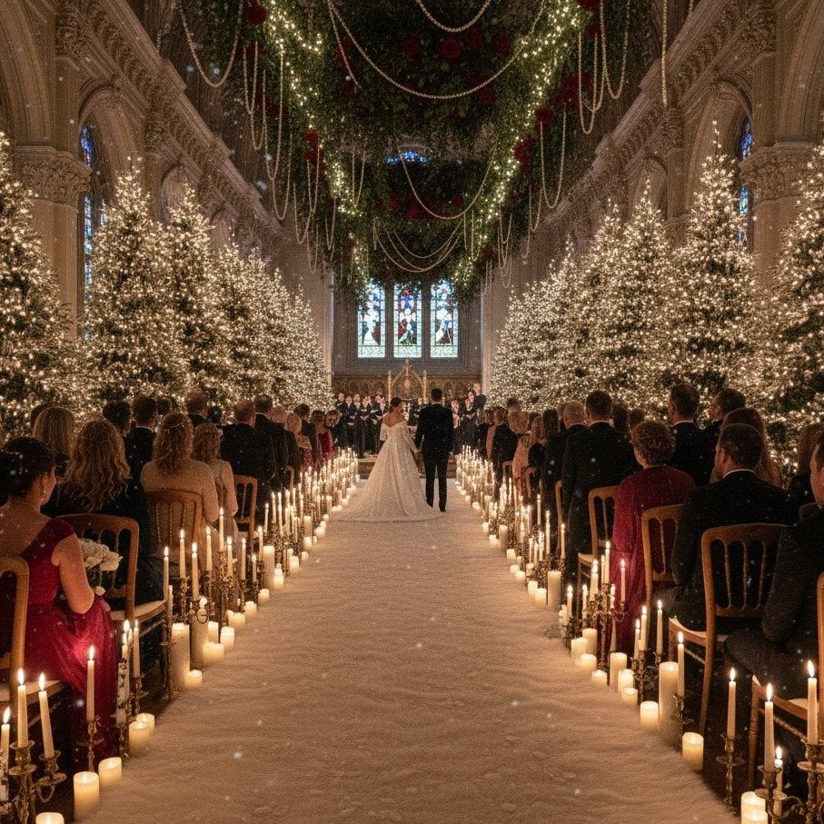 Wedding ceremony in a cathedral with lit Christmas trees and candle-lined white aisle.